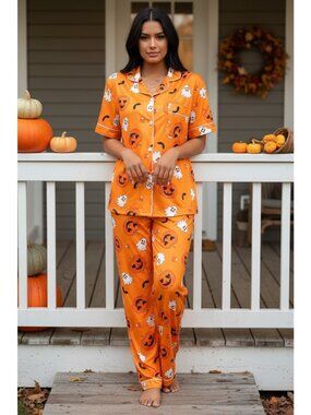 Pumpkin Ghost Button-Down Short Sleeve Set Lounge Pant Matching Halloween Pajama